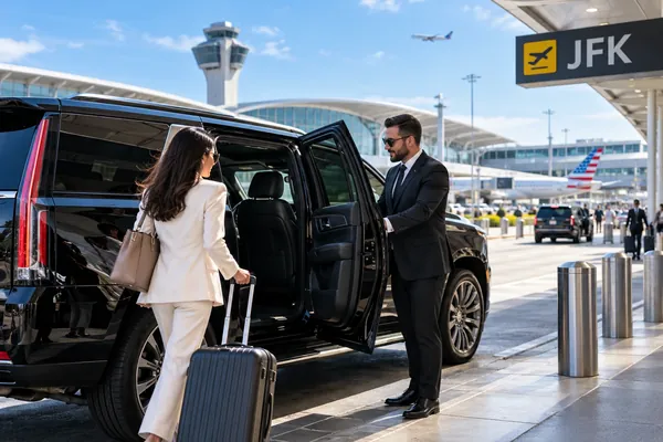 Chauffeur assisting a traveler with luggage beside a black SUV at JFK Airport
