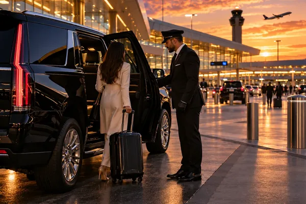 Chauffeur assisting a passenger with luggage beside a black SUV at an airport terminal
