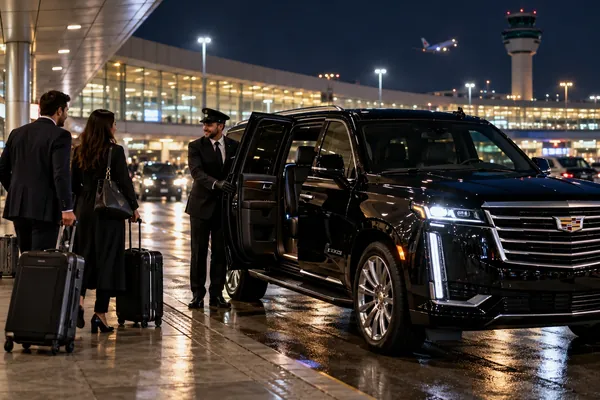 Chauffeur and travelers with luggage beside a black luxury SUV outside an airport terminal