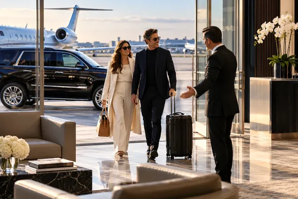 Chauffeur greeting arriving passengers at a private aviation terminal with a jet and black SUV